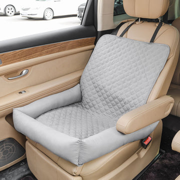 Waterproof Dog Car Seat Bed for Front Passenger Seat, Portable Pet Car Booster Seat with Anti-Slip Base and Soft Bolster, Travel Dog Bed for Small Pets, Machine Washable Pet Seat Protector for Cars (LightGrey)