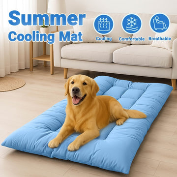Extra Large Summer Cooling Mat for Dogs and Cats, Ultra Soft Thick Polyester Pet Bed Pad with Anti-Slip Bottom, Breathable Quilted Lounge Mat for Indoor Floor and Crate Use (Blue, XL)
