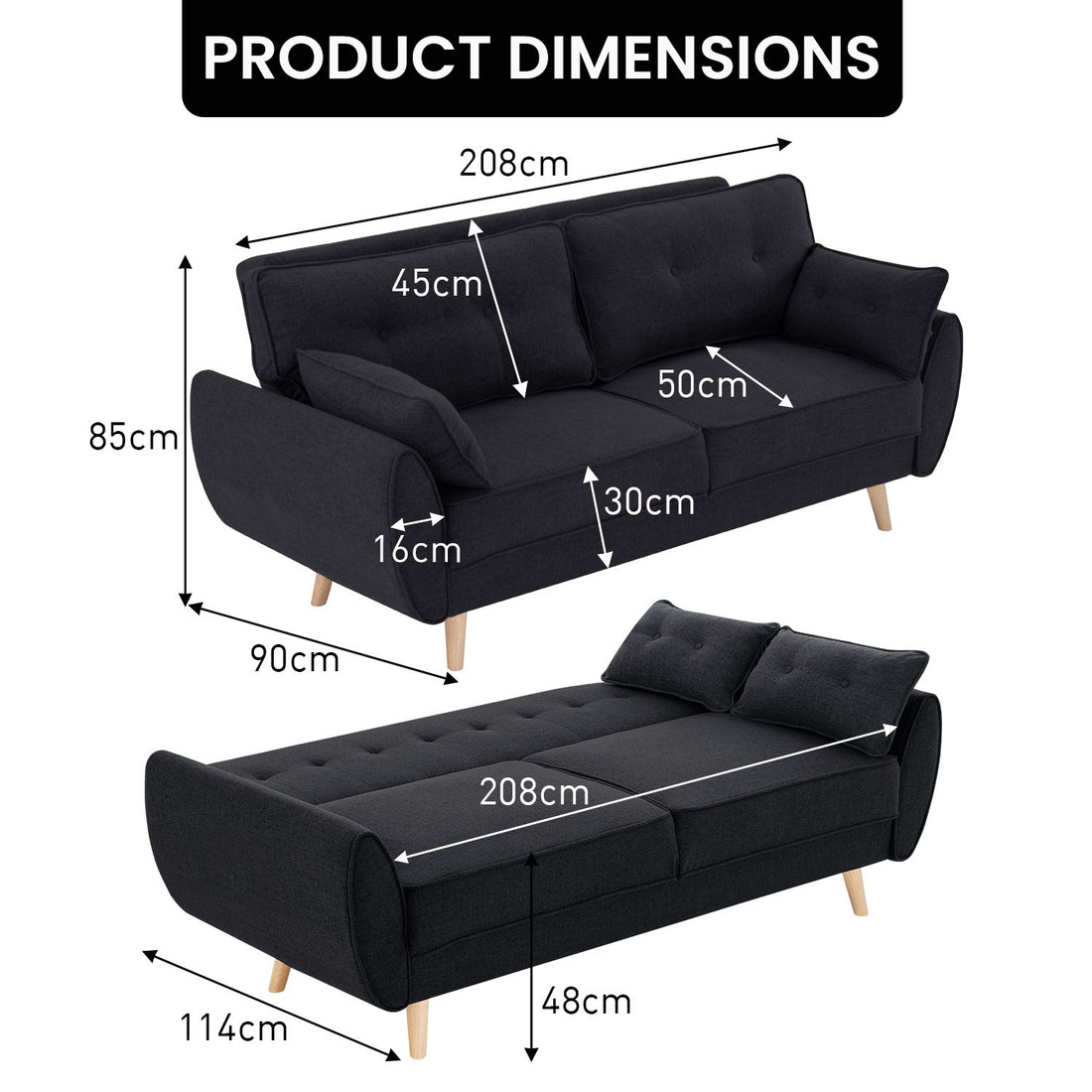 Sarantino 3-Seater Linen Sofa Bed Black