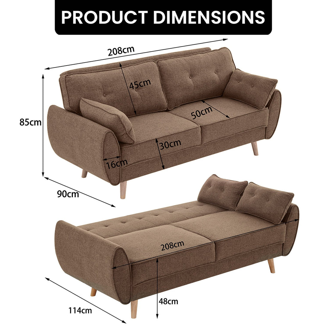 Sarantino 3-Seater Linen Sofa Bed Brown