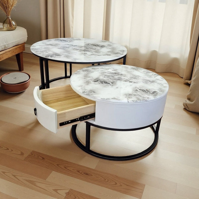 Snowy Mountain Faux Marble Slate Nesting Coffee Table Set