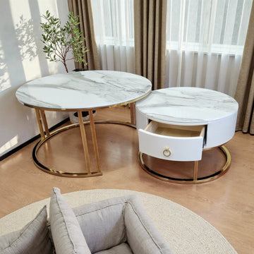 Snowy Mountain Faux Marble Slate Nesting Coffee Table Set