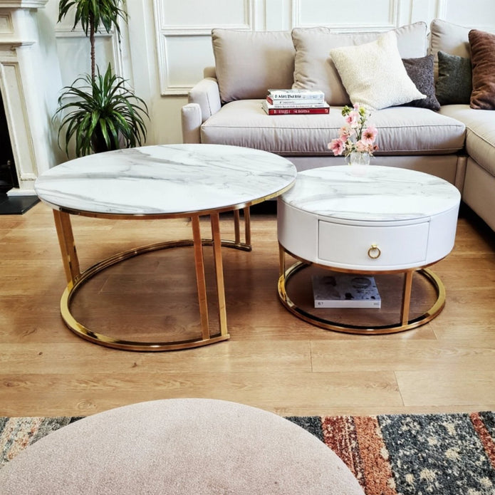 Snowy Mountain Faux Marble Slate Nesting Coffee Table Set