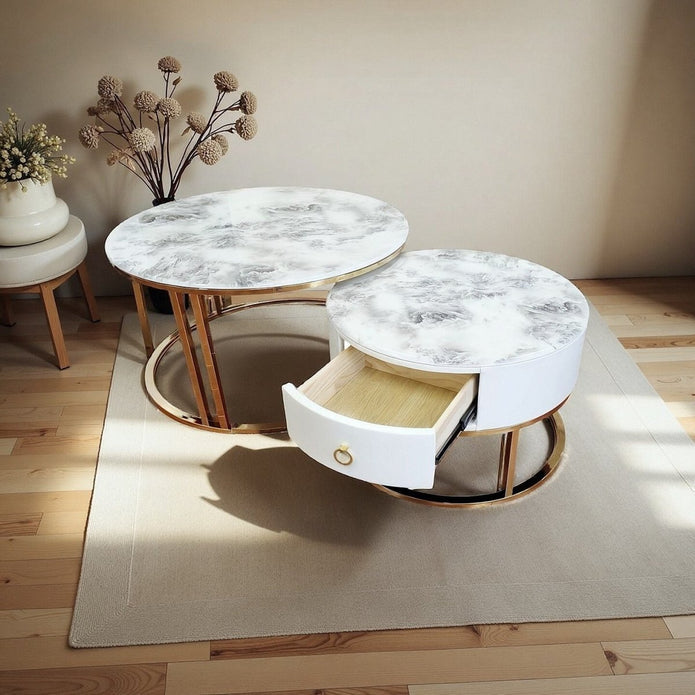 Snowy Mountain Faux Marble Slate Nesting Coffee Table Set