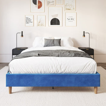 Velvet Blue Single Bed Frame – Woven Upholstery & Steel