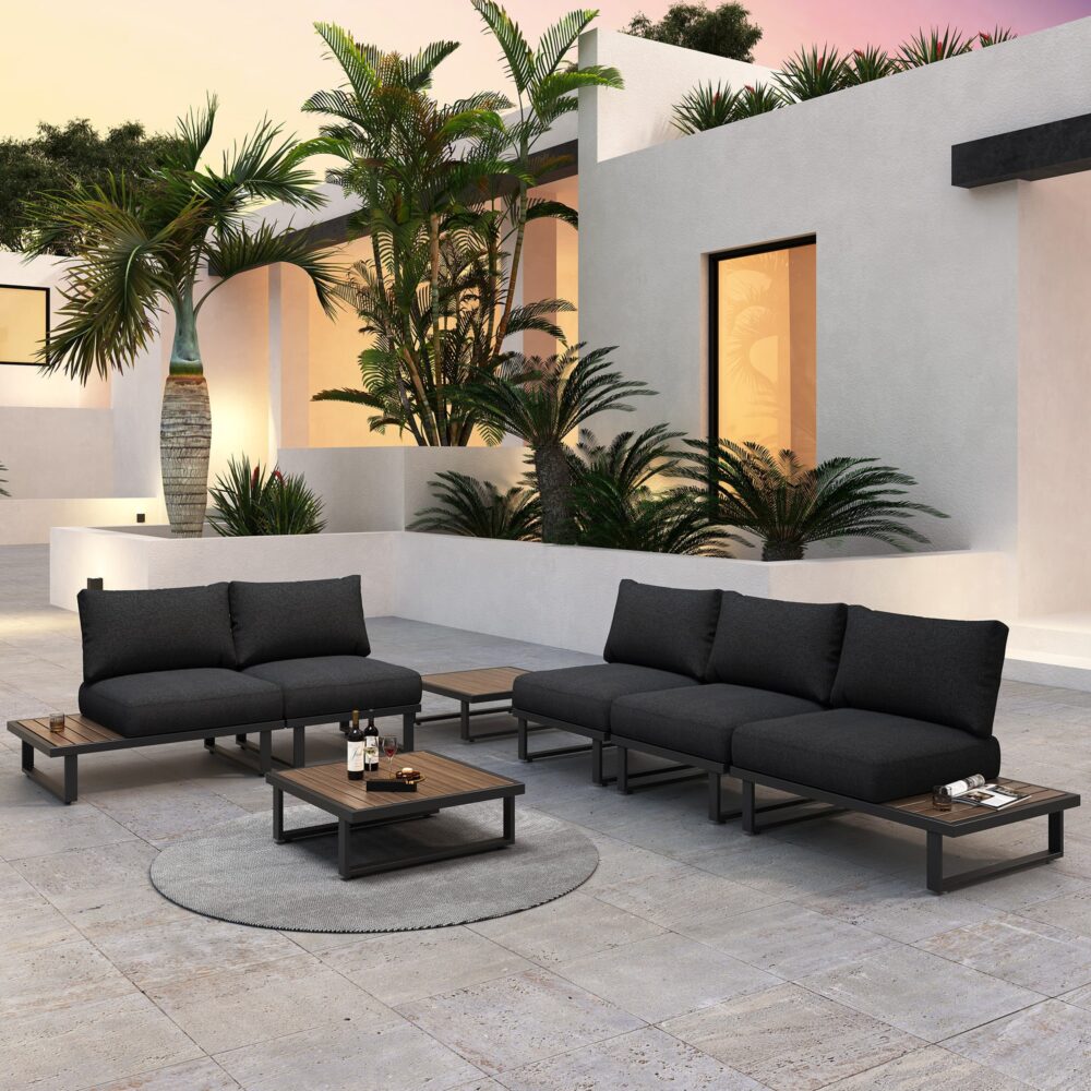 Modern Outdoor 7 Piece Lounge Set with Polywood Tables