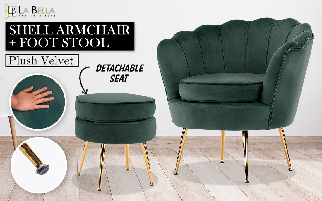 La Bella Velvet Scallop Armchair with Ottoman