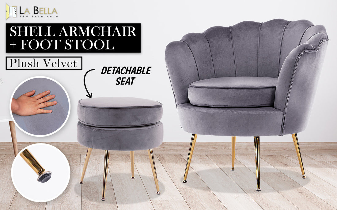 La Bella Grey Velvet Scallop Armchair + Ottoman