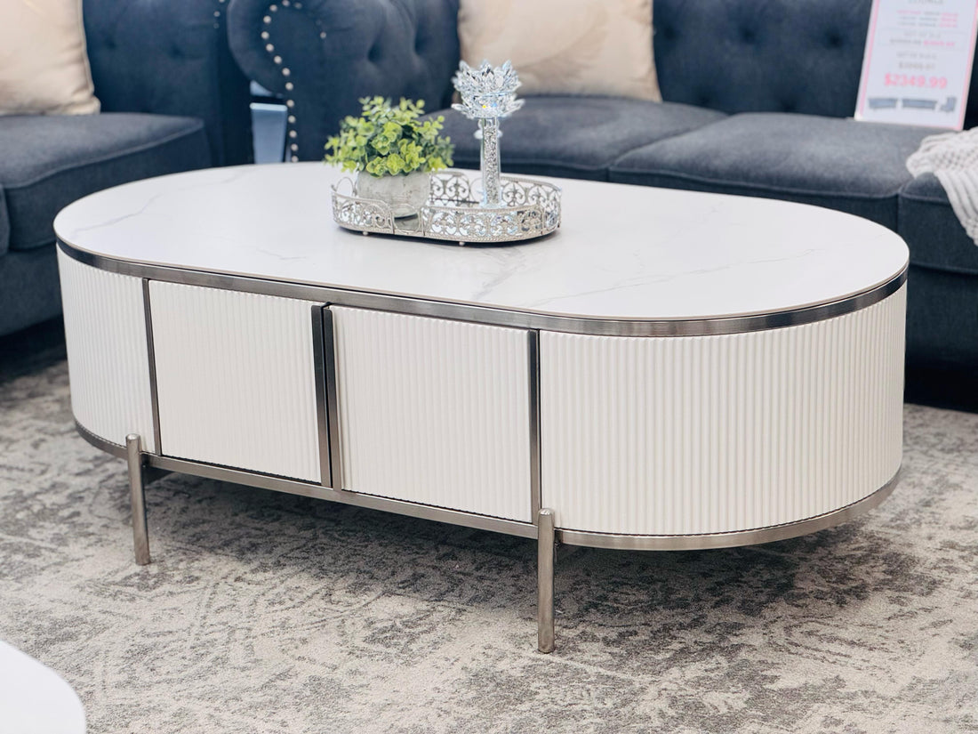 Kingsley Coffee Table – White Marble, Silver Trims, 135cm