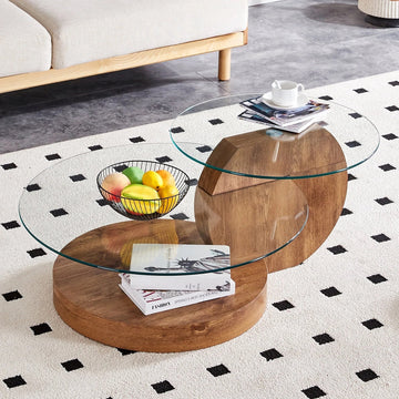 'MINORI' Coffee Table – Clear Glass, Dark Wood Grain Design