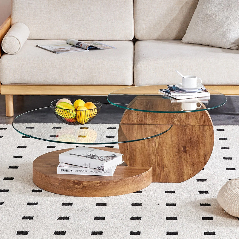 'MINORI' Coffee Table – Clear Glass, Dark Wood Grain Design