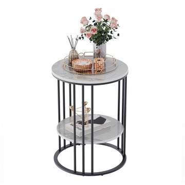 Solid Marble Sofa Side Coffee Table – 2-Tier Storage Table