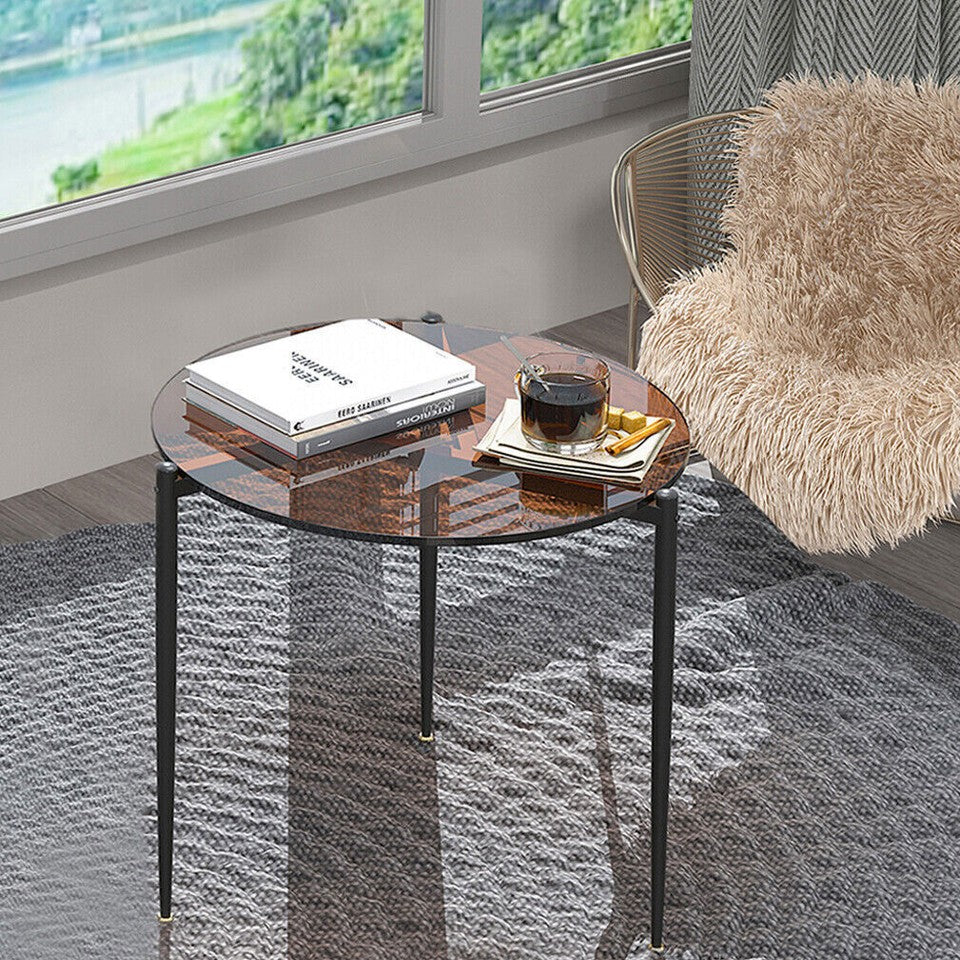 Modern Round Tempered Glass Coffee Table – Black Metal Frame