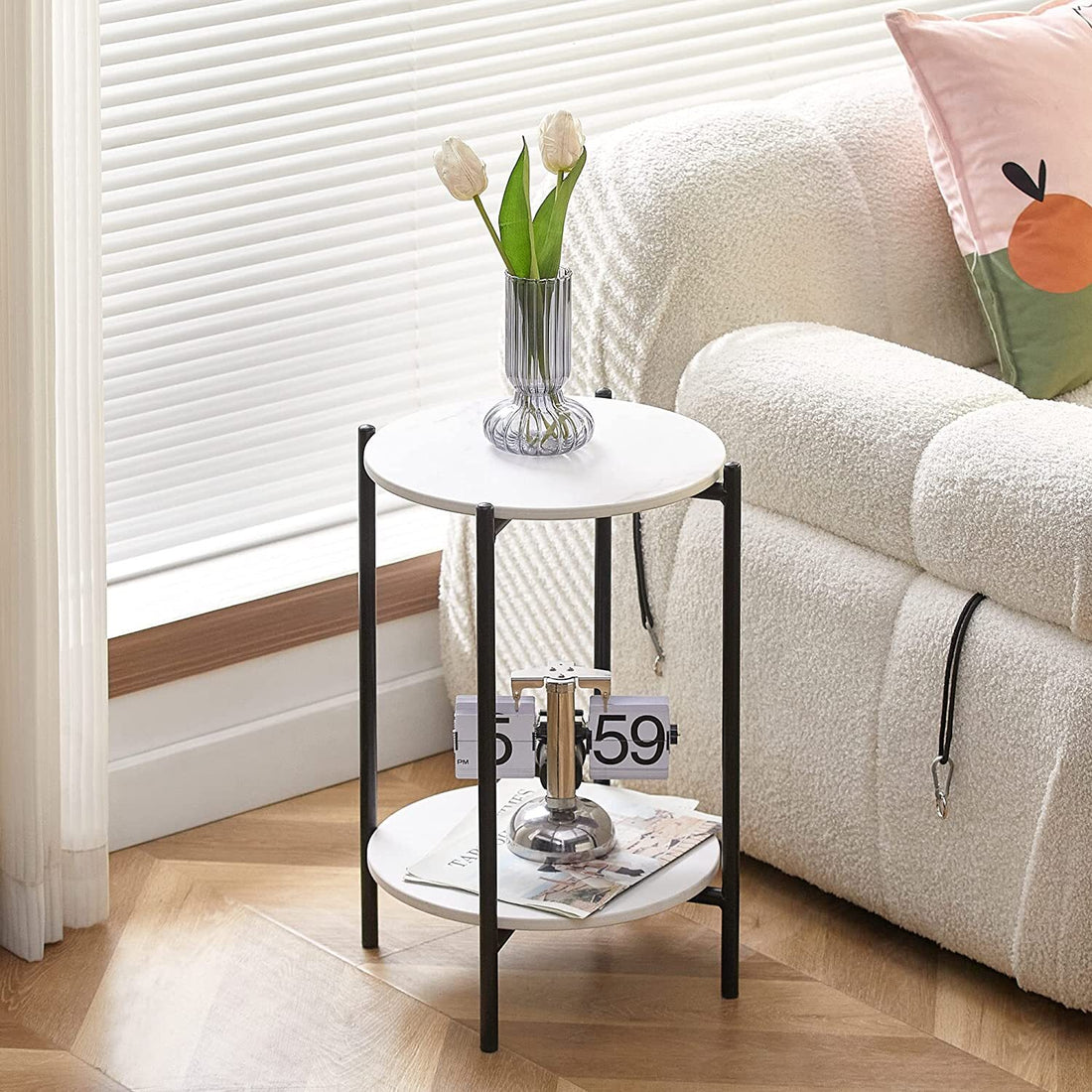 High Gloss Marble Top End Table – Modern Side Table with Metal Frame