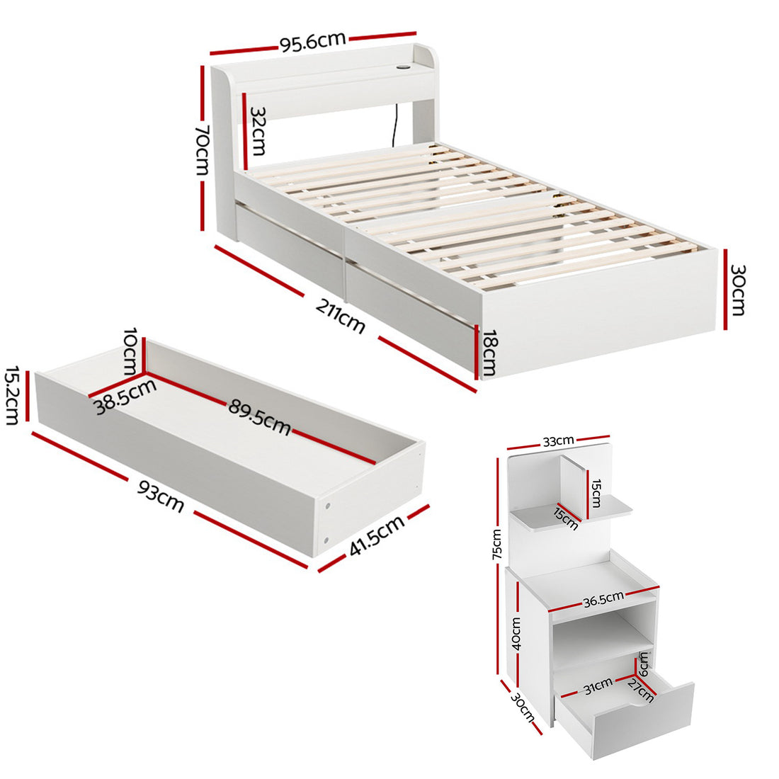Artiss Single Bed Frame & Bedside Table Set