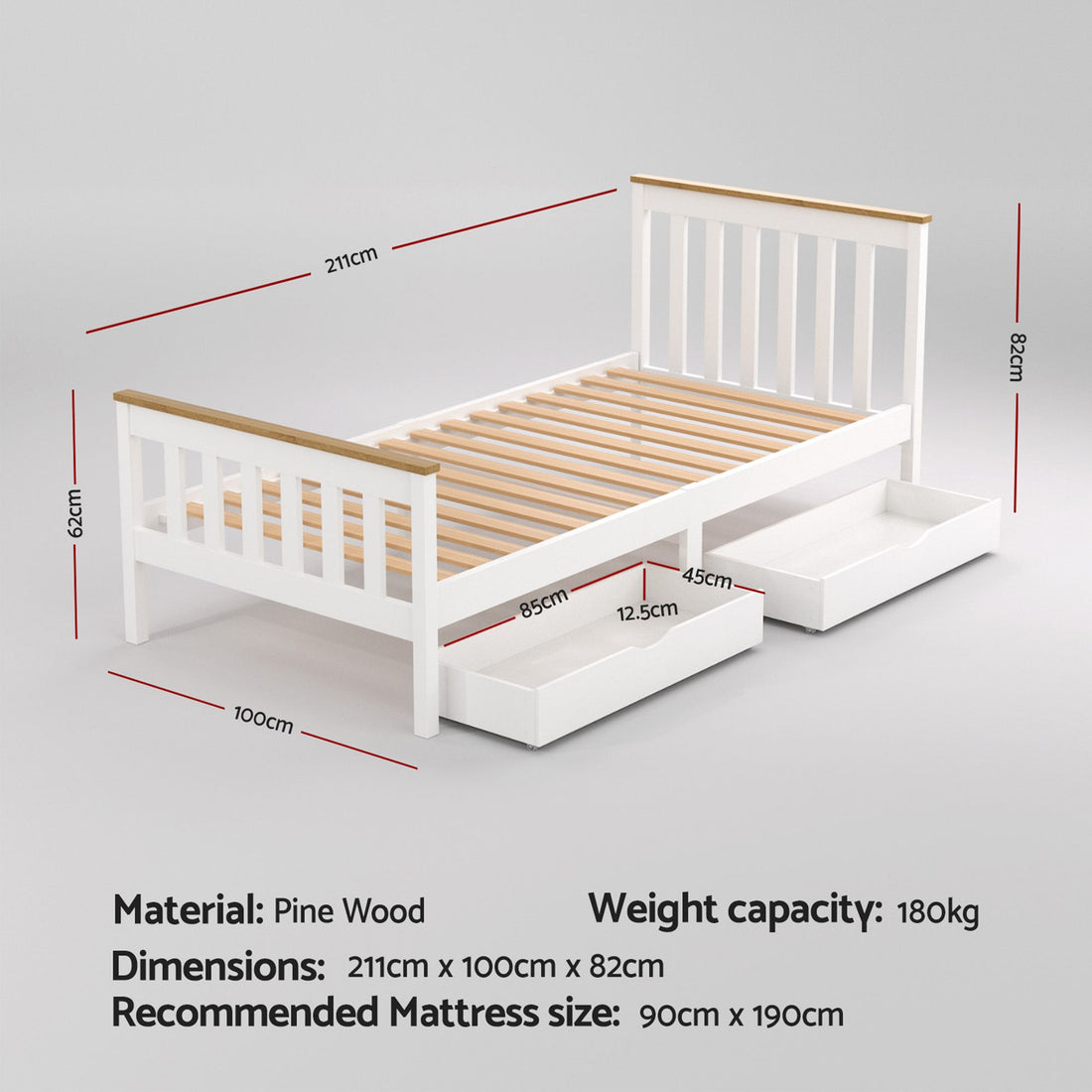 Artiss Pony Single Bed Frame – White with 2 Storage Drawers