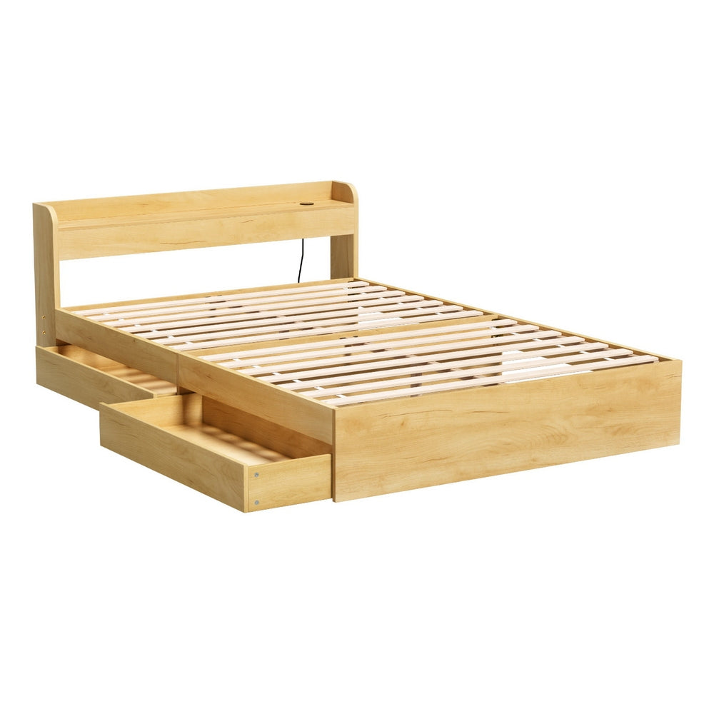 Artiss AURA Double Bed Frame with USB Ports – Wood