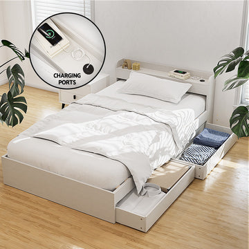 Artiss Aura Single Bed Frame – White with USB & Storage