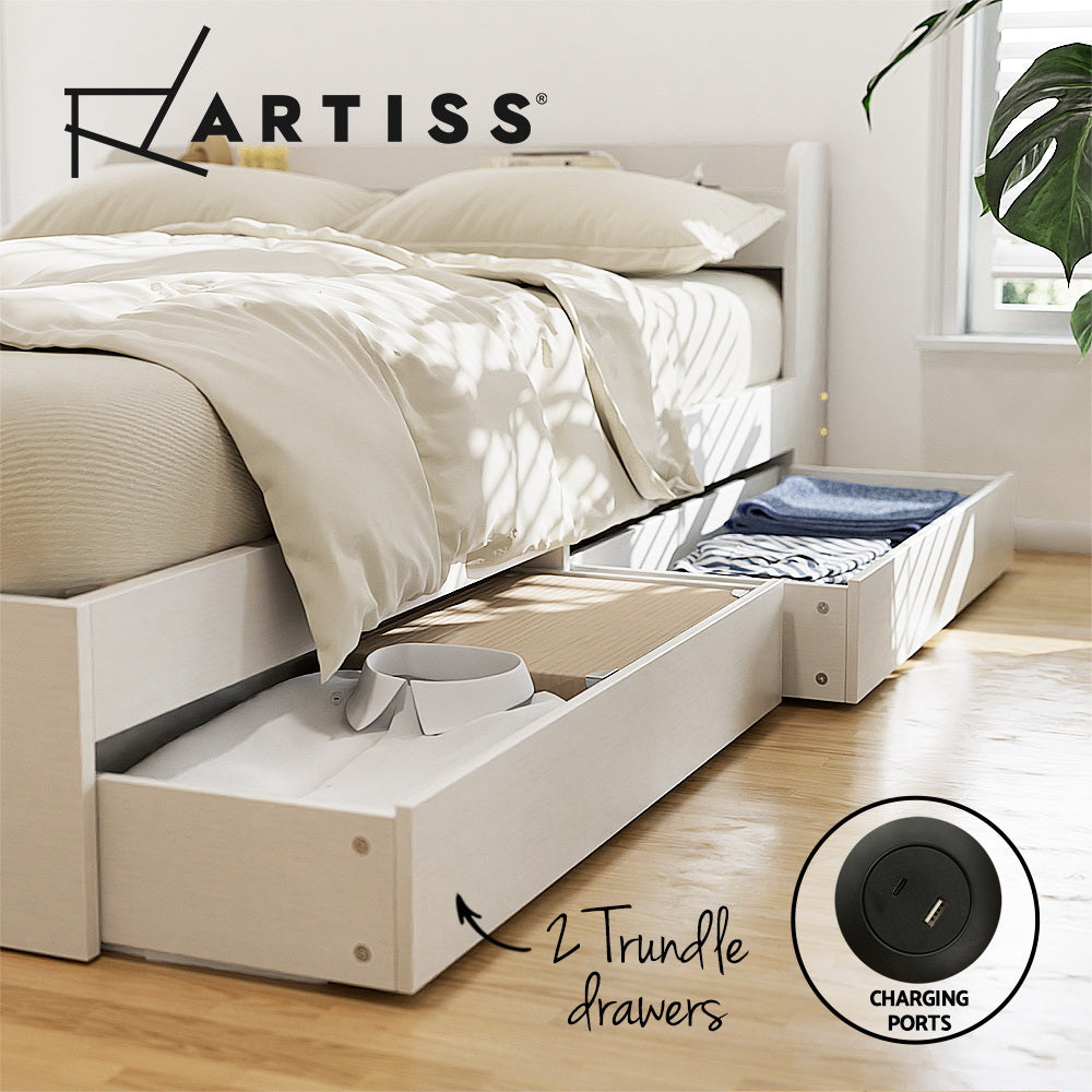 Artiss Aura Single Bed Frame – White with USB & Storage