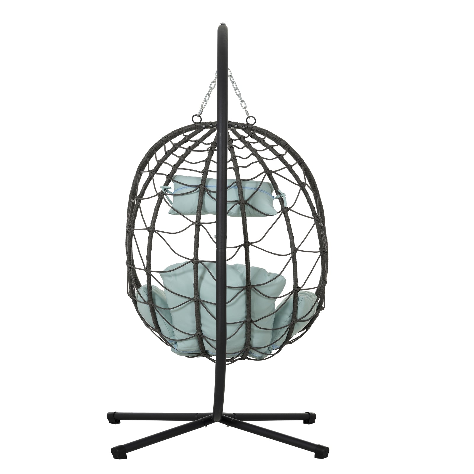 Wicker hanging basket chair patio setup