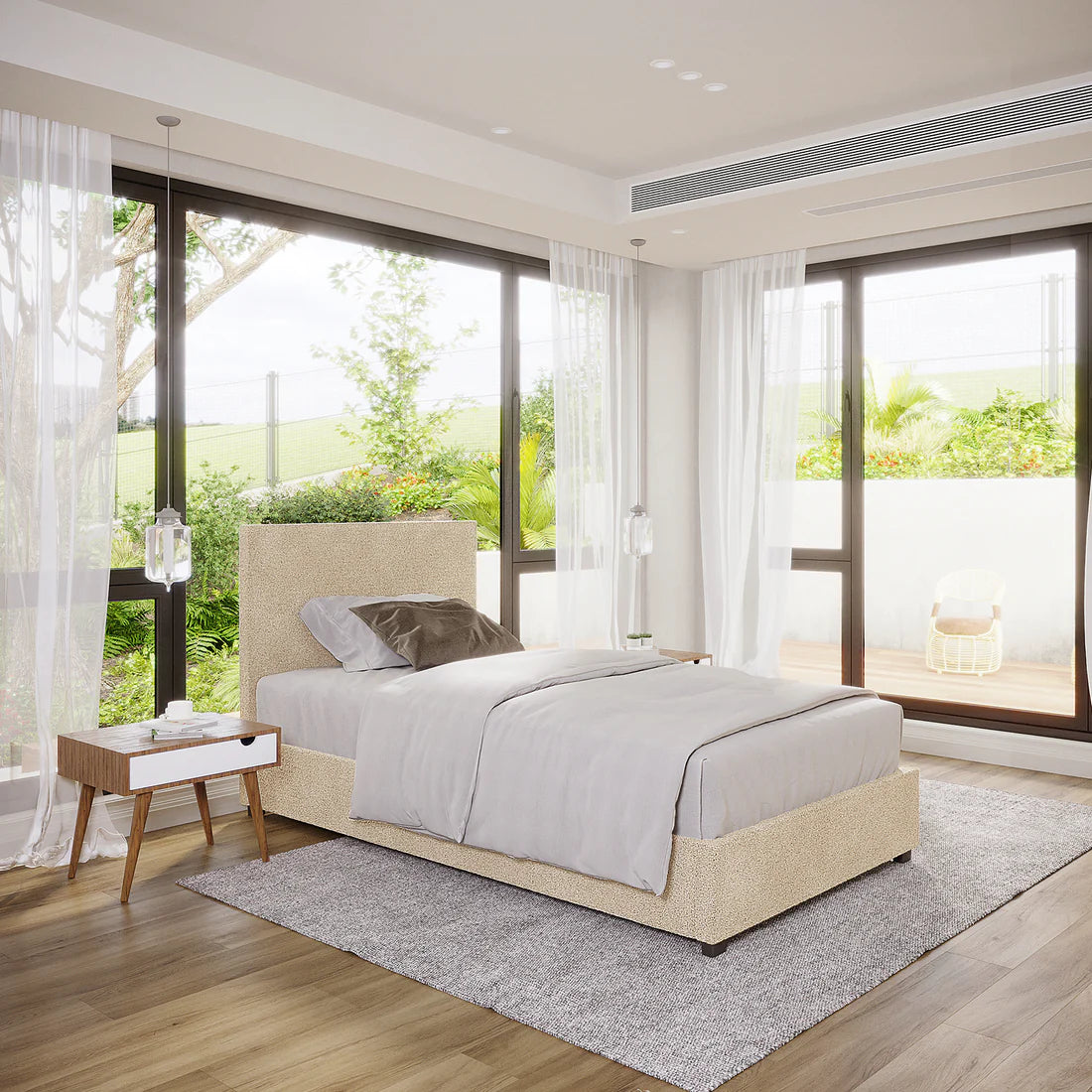 boucle upholstered gas lift bed frame king single