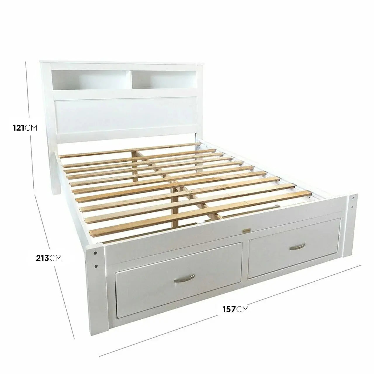 contemporary double bed frame with headboard shelving