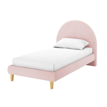 designer boucle bed frame pink curved headboard