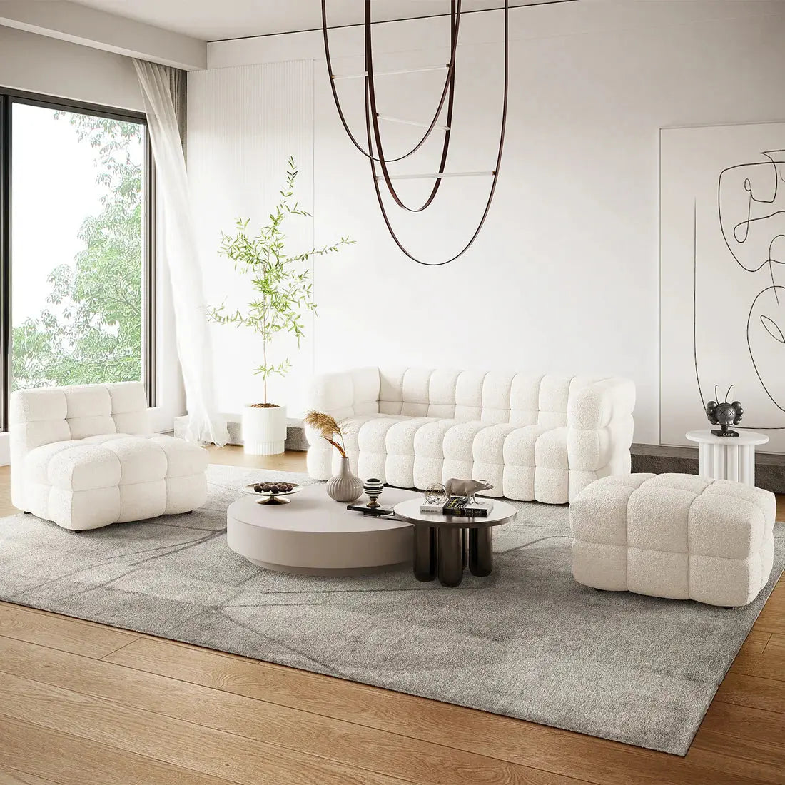 luxury boucle lounge set with ottoman