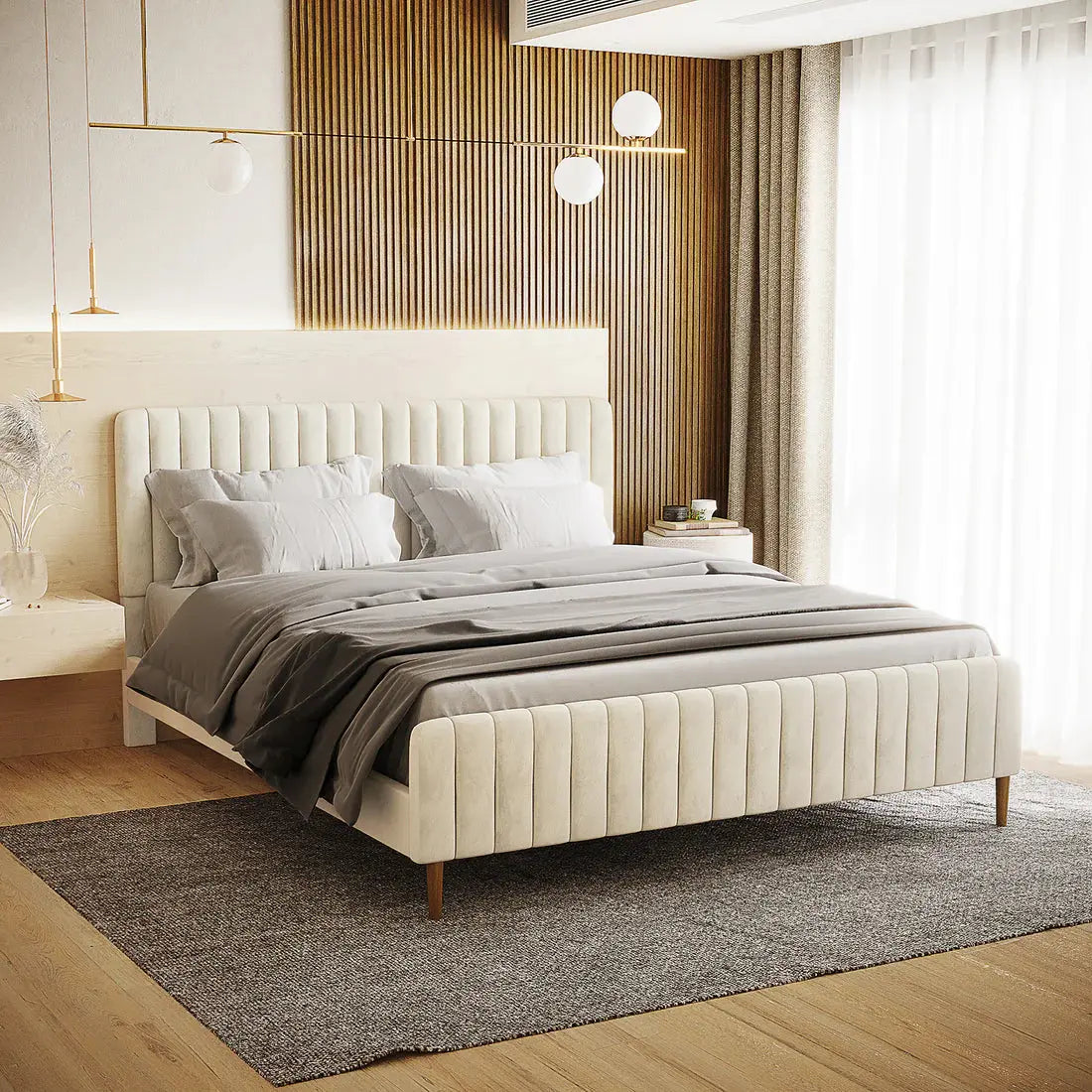 modern channel tufted velvet bed frame bedroom