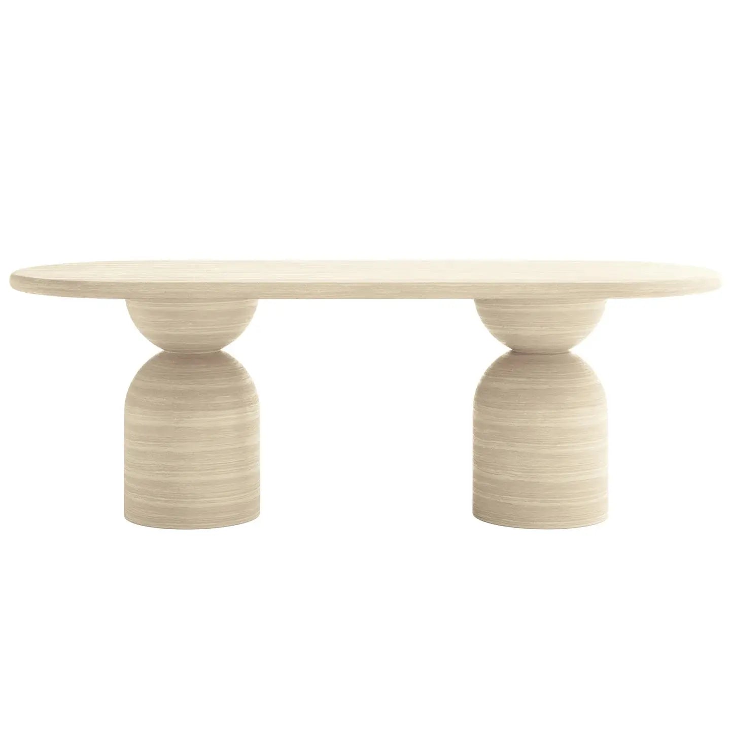 modern oval outdoor concrete dining table beyond living