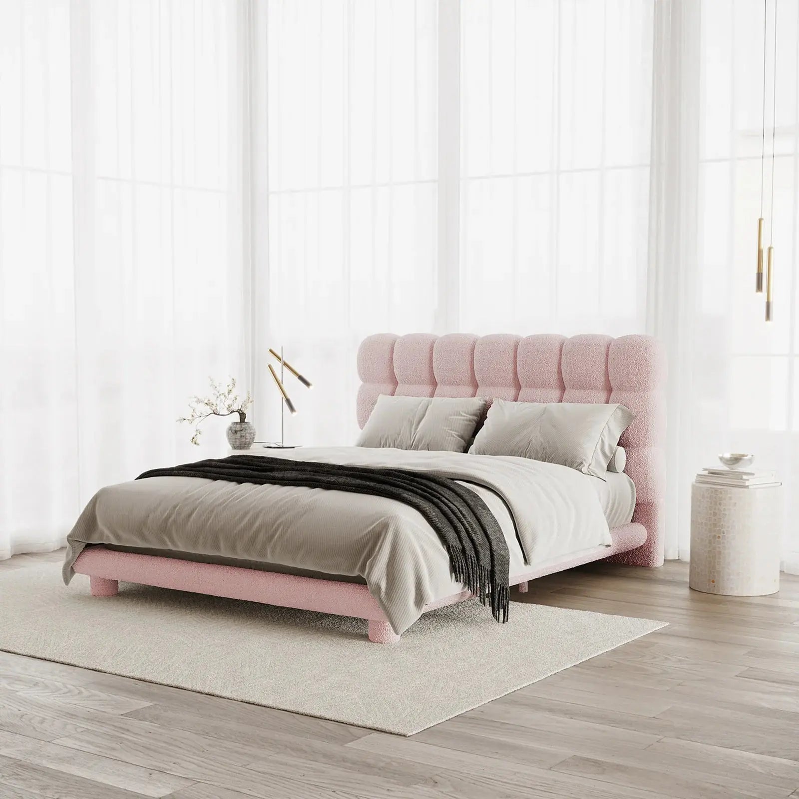 modern boucle upholstered bed frame beyond living australia