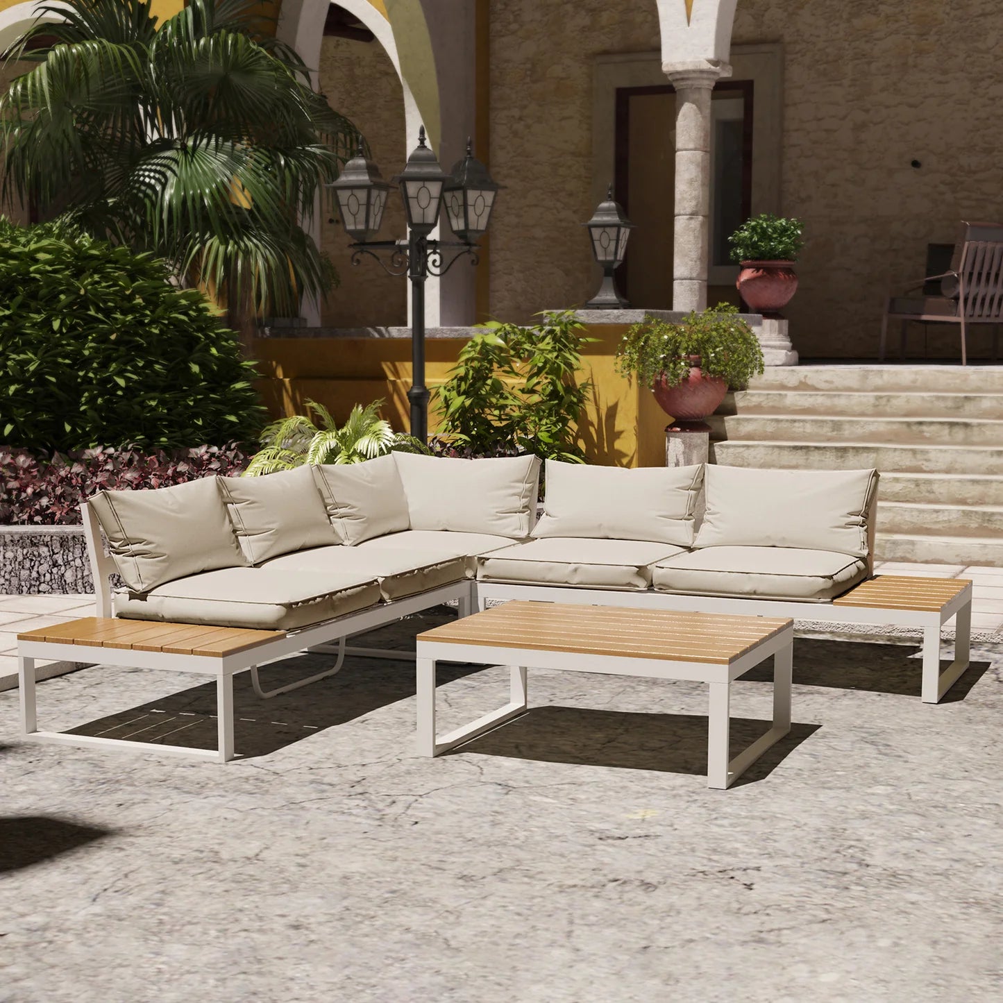 rosa 5 seater corner outdoor sofa set with table beige australia