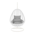 white wicker hanging egg chair with cushion for patio
