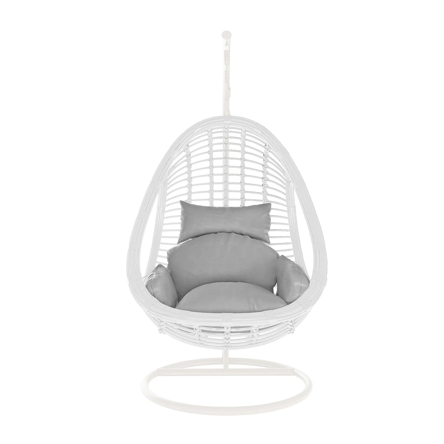 white wicker hanging egg chair with cushion for patio