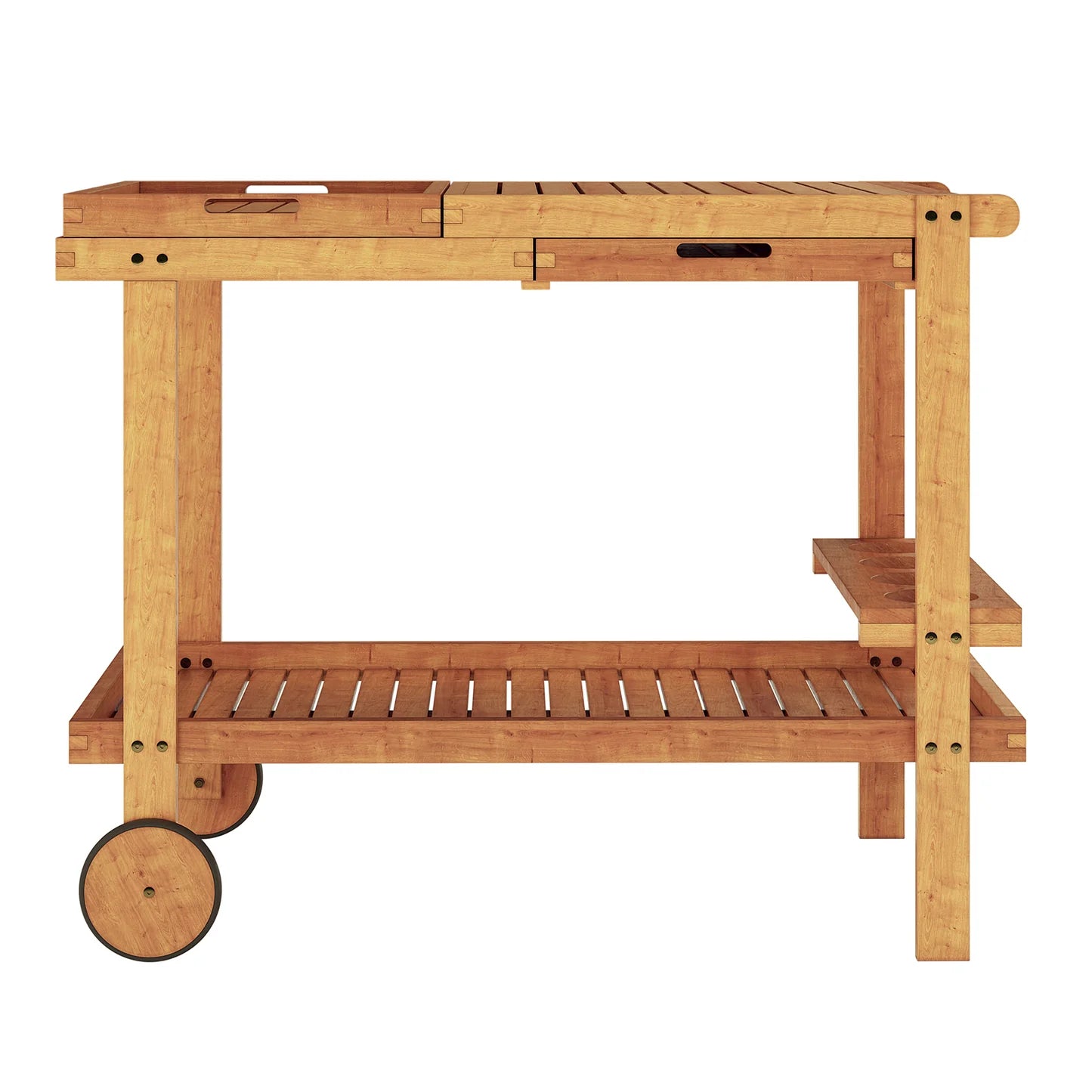 wooden outdoor kitchen trolley with bottle holder and trays
